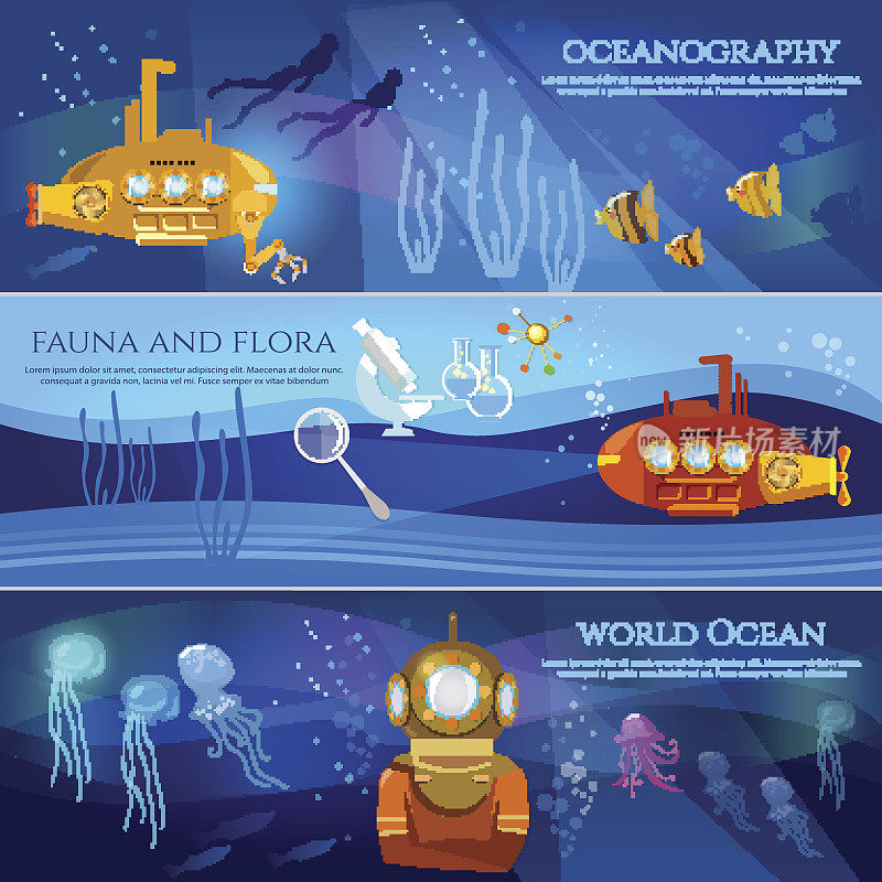 科学研究海洋和海洋中的黄色潜水艇，水下用潜望镜潜水。海洋学。海上勘探横幅