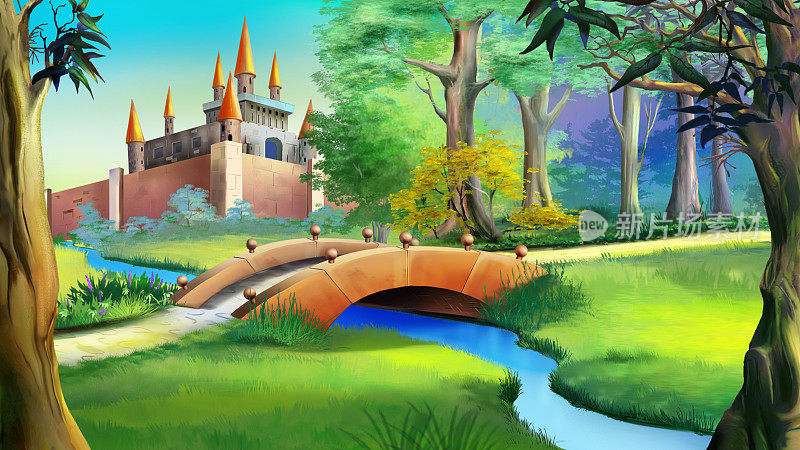 风景中有童话般的城堡和河上的小桥。