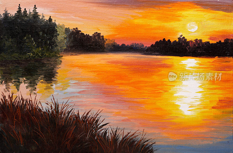油画-森林中的湖泊，日落。抽象绘画