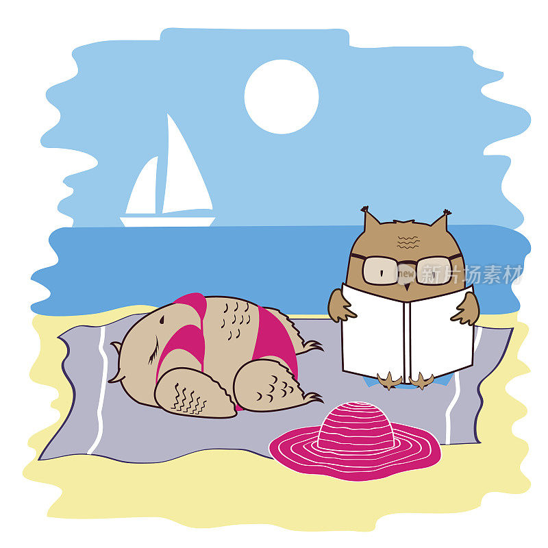 可爱和有趣的猫头鹰在假期躺在海边的海滩上，放松在太阳躺椅上。向量