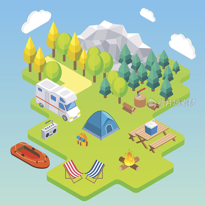 野营等距的概念。矢量插图在平面3d风格。户外露营活动。在山里露营旅行