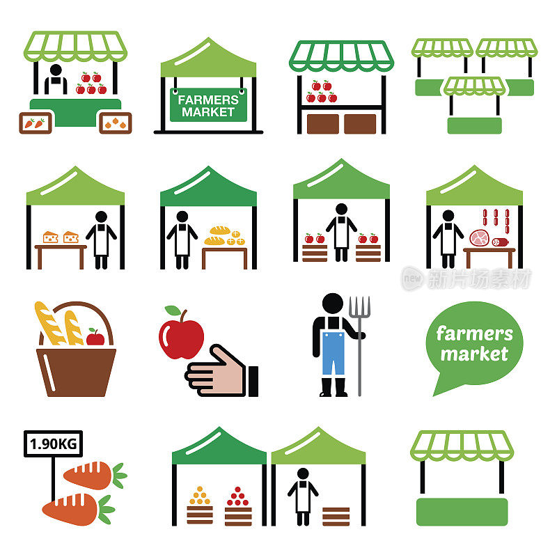 农贸市场，食品市场与新鲜的本地农产品图标集
