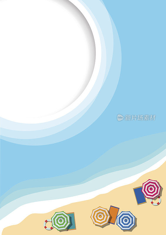 夏季概念，矢量背景。海滩和大海带伞，从上面看