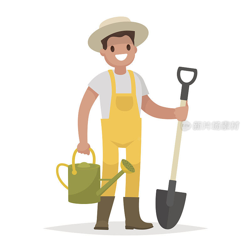 快乐的园丁男人与铲子和喷壶在一个白色的背景。矢量图