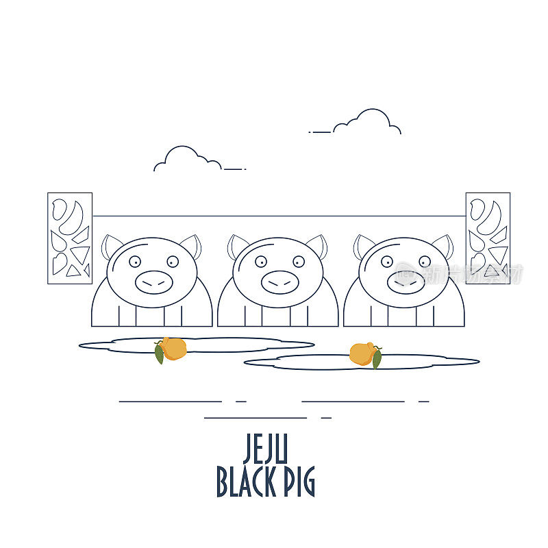 三个济州岛黑猪的卡通线艺术插图。济州岛黑猪济州岛黑猪是韩国济州岛的一种家养猪，以其独特的口味而闻名于世