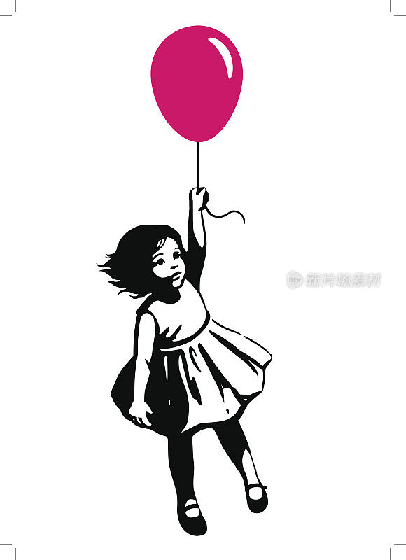 小女孩穿着夏装在红色气球上漂浮街头艺术涂鸦风格
