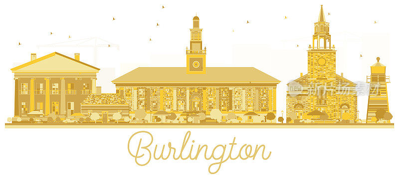 伯灵顿城市天际线的金色轮廓。