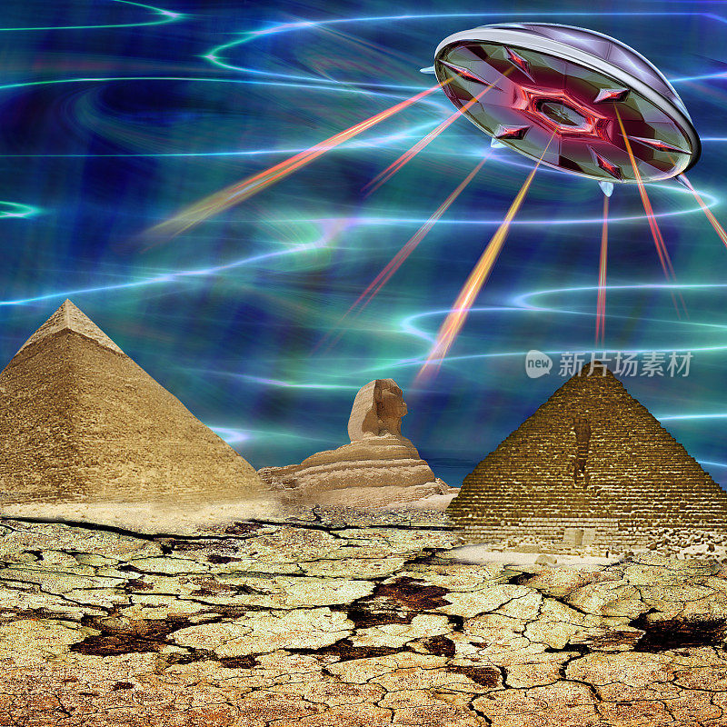 不明飞行物降落在破碎的土地上。金字塔和斯芬克斯上空有不明飞行物。三维演示