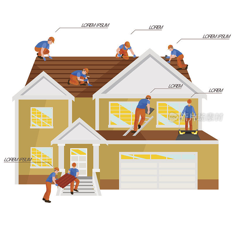 屋顶建筑工人修理房屋，搭建结构用劳动设备修理屋顶瓦房，屋顶工用手中的工作工具进行户外装修住宅矢量插图