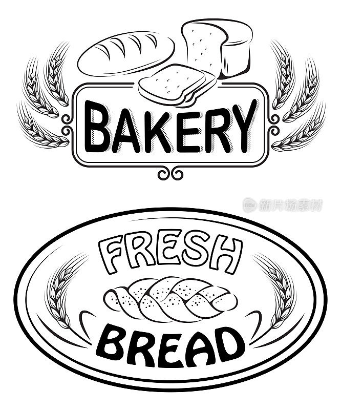 面包店和面包店的标签和标志。
