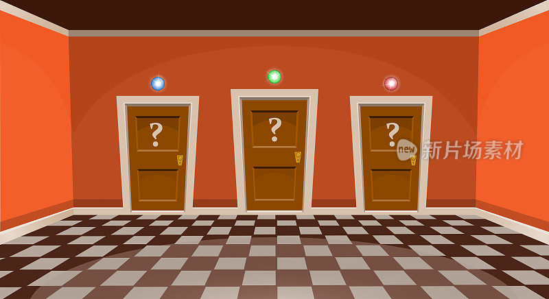 卡通“选一扇门”的概念。空房间，三扇门，橙色风格。矢量图