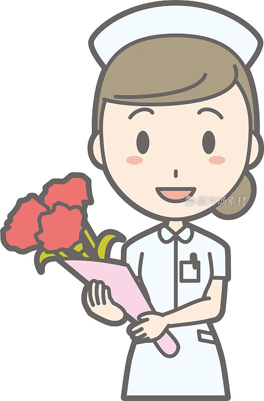 插图:一位身穿白色套装的女护士手里拿着一束花