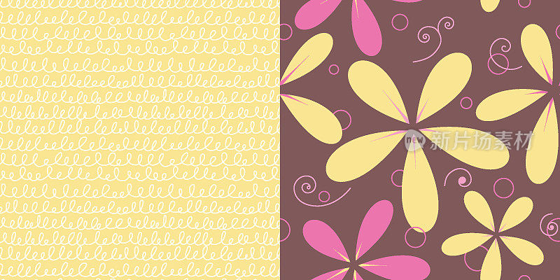 Pattern_set_Seamless_Floral_Brown_Pink_and_Squiggle_Patterns_Yellow_Cream_Background