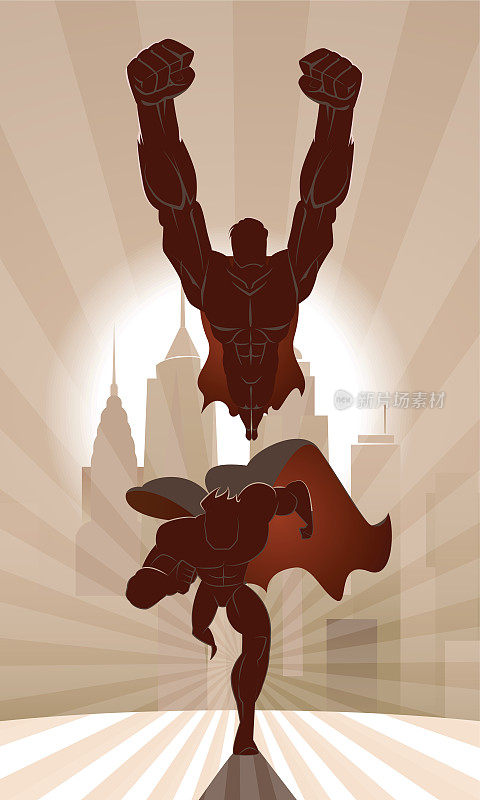 超级英雄团队;超级英雄团队，在城市背景下飞行和奔跑。