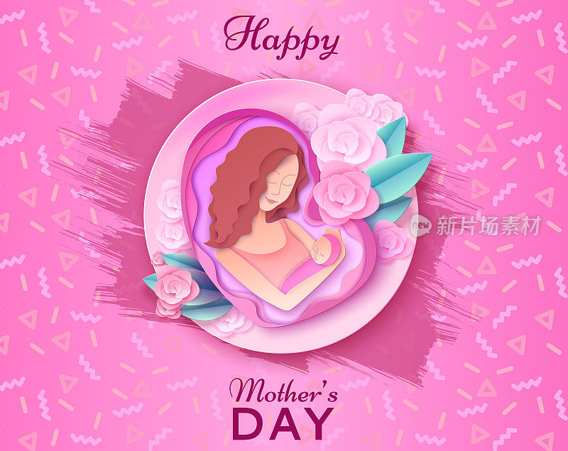 母亲节折纸艺术贺卡时尚风格与框架，图案，鲜花，妇女抱着婴儿剪影。彩色雕刻矢量插图