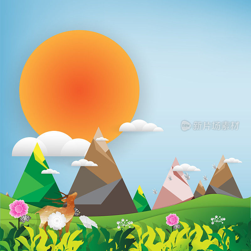 热带花卉与云和太阳在蓝天背景的春季夏季系列，景观，矢量插图