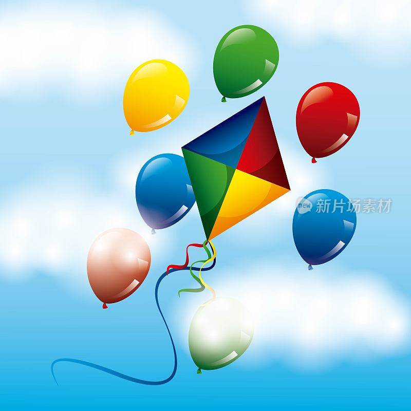 色彩鲜艳的风筝和气球在天空中飞翔