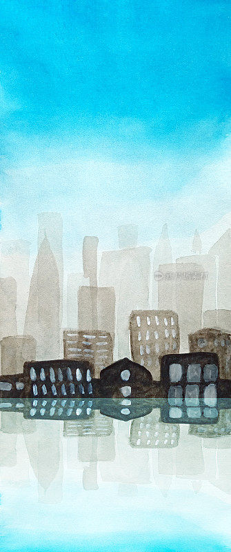 水彩传单城市剪影的一个大城市在雾霾。蓝色的天空，深色的建筑物与明亮的窗户都倒映在水中。在顶部或底部都有放置文字的地方。