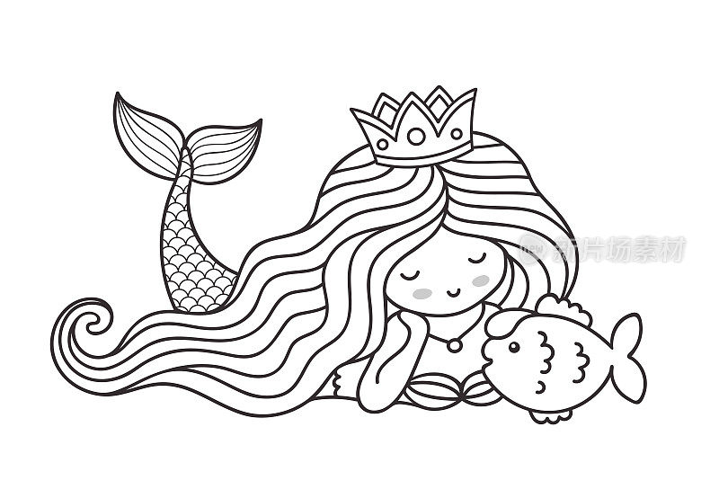 美人鱼躺在海底，和可爱的小鱼在一起。公主。漫画人物为涂色书。
