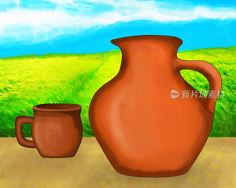 带柄彩陶壶，陶土杯。与风景相映成趣。插图