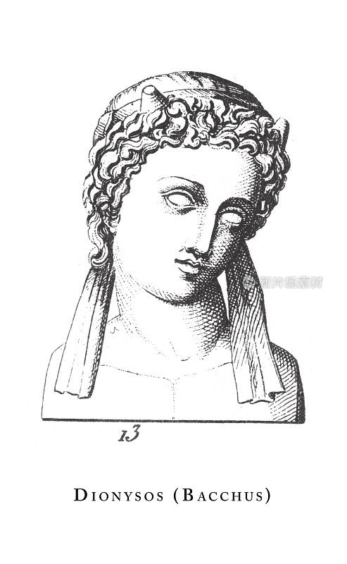 狄俄尼索斯(酒神)，古典神和神话人物雕刻古董插图，出版于1851年