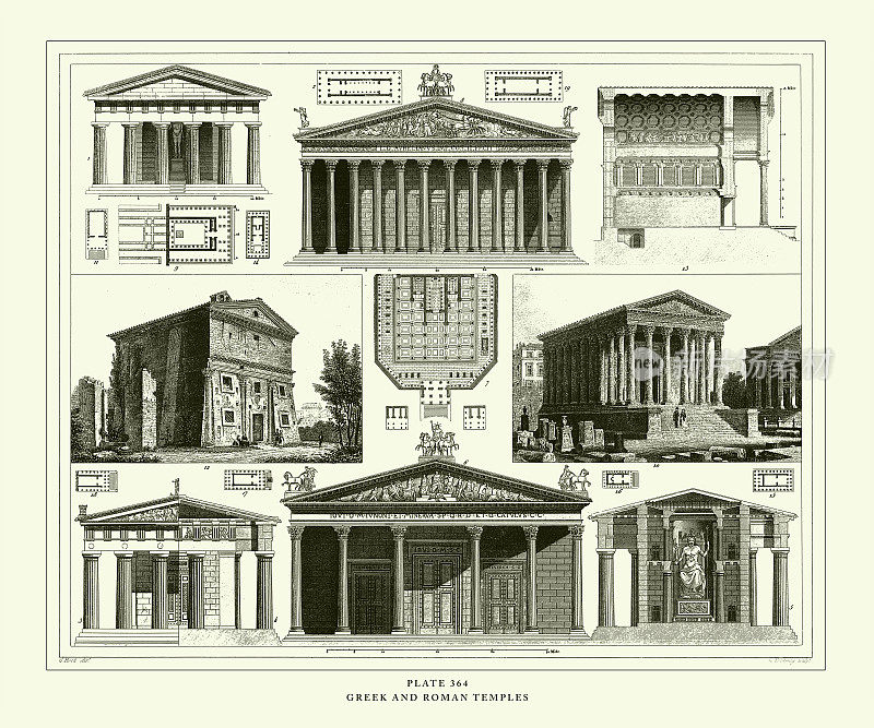 雕刻古董，希腊和罗马庙宇雕刻古董插图，出版于1851年