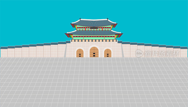 韩国首尔庆福宫的光华门、长墙和大庭院。矢量插图eps10