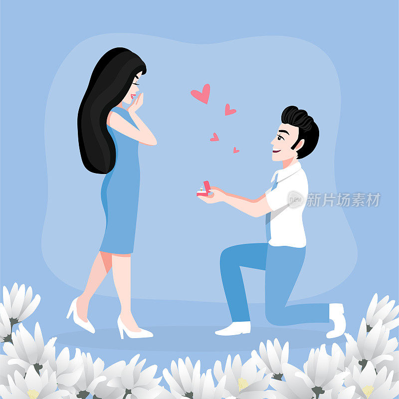 情人节卡通人物与一对可爱的情侣相爱，男人向女人求婚跪矢量插图312
