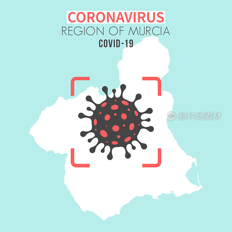 穆尔西亚地区地图，红色取景器中有冠状病毒(COVID-19)细胞