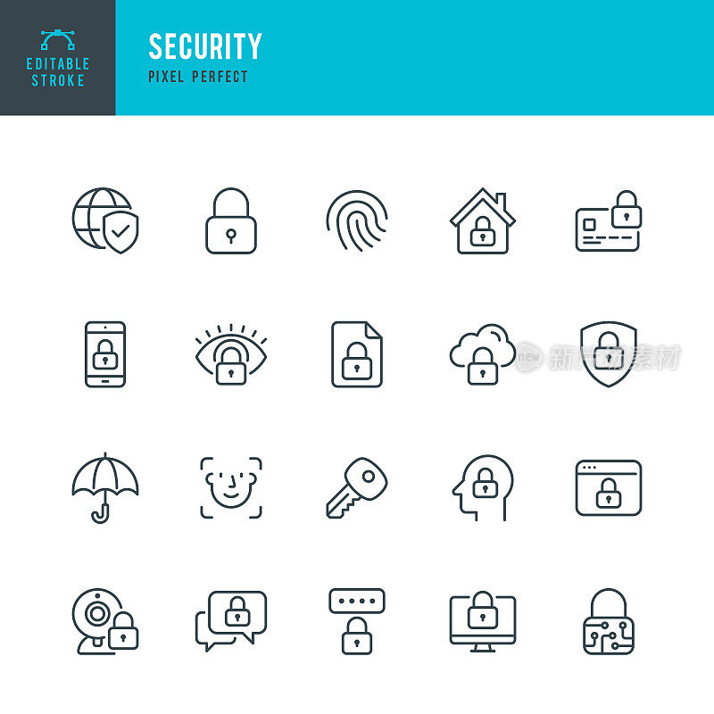 安全-细线矢量图标集。像素完美。可编辑的中风。该集合包含图标安全，指纹，面部识别，密钥，消息保护。