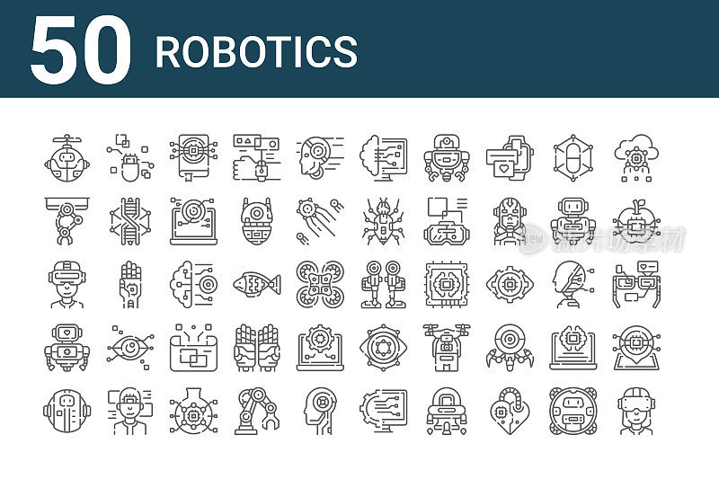 一套50个机器人图标。勾勒细线图标，如虚拟现实眼镜、机器人、机器人、虚拟现实眼镜、机械臂、药丸、机械腿