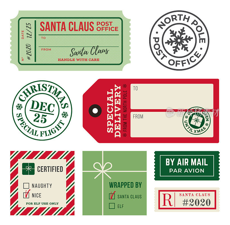 圣诞礼物标签和邮寄标签橡胶邮票。