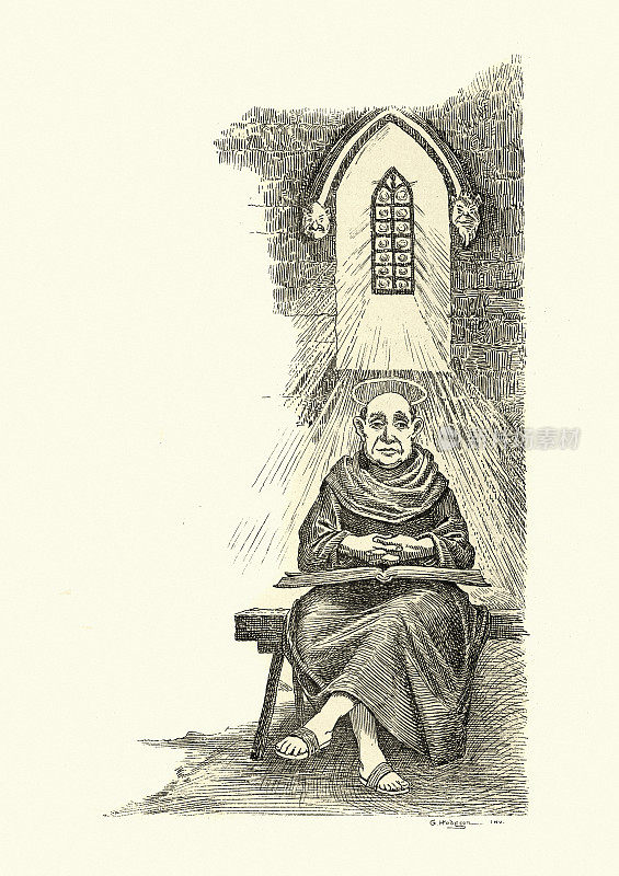 中世纪的圣人修道士在牢房里读圣经
