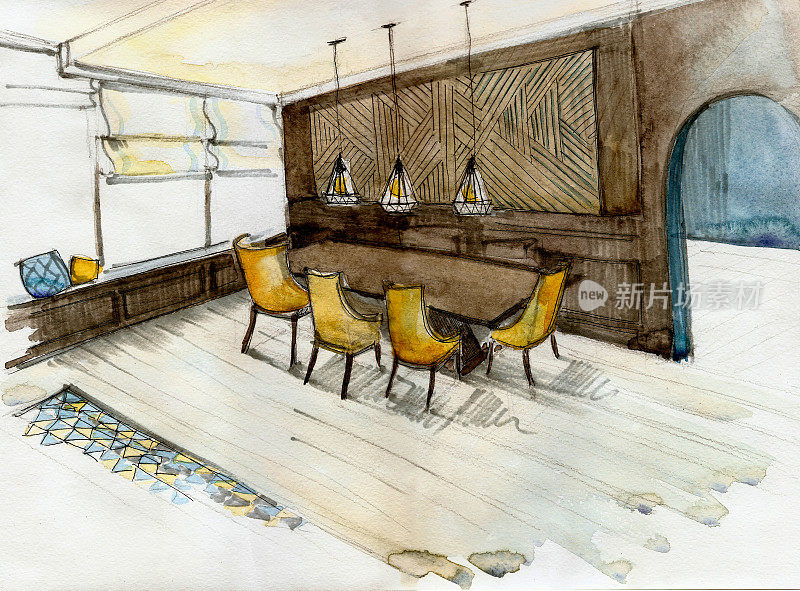 手绘大厅内饰有家具、桌椅、灯具。水彩插图