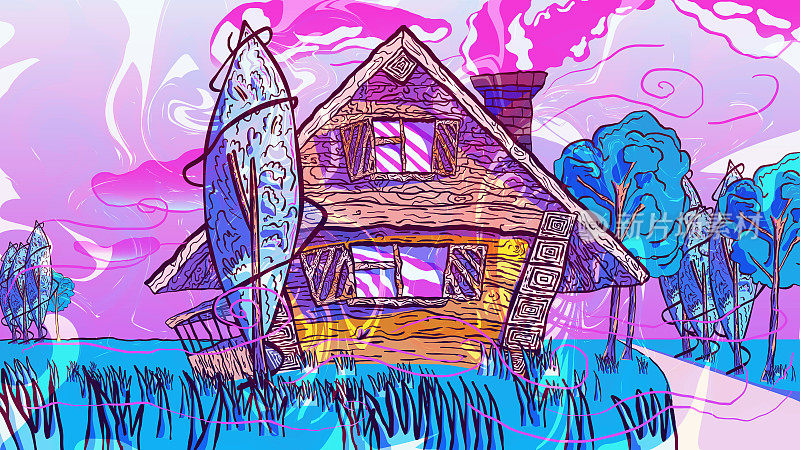 梦幻般的手绘插图――田野里的木屋。