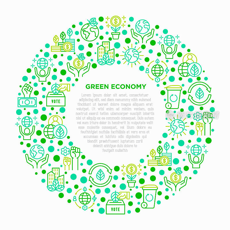 绿色经济概念用细线圈出:金融增长、绿色城市、零浪费、循环经济、反全球化、全球消费。环境问题的矢量插图。