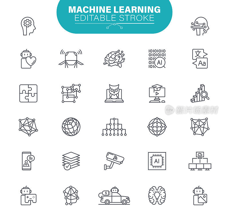 机器学习图标。集包含的图标为网络AI，数据中心，云计算，插图