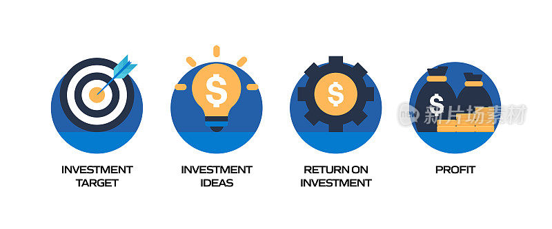 投资相关的平面图标，平面设计矢量符号插图。信息图表设计元素