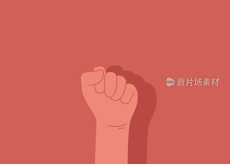 一名抗议者在一次政治示威中举起拳头。矢量插图上的红色背景。革命，演示，表现主题矢量插图。