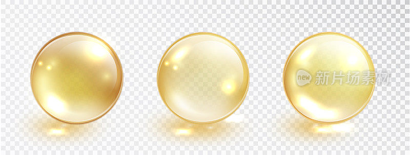 黄金油泡设置孤立在透明的背景。载体逼真黄色血清滴药物或胶原蛋白精华。维生素半透明的药丸。