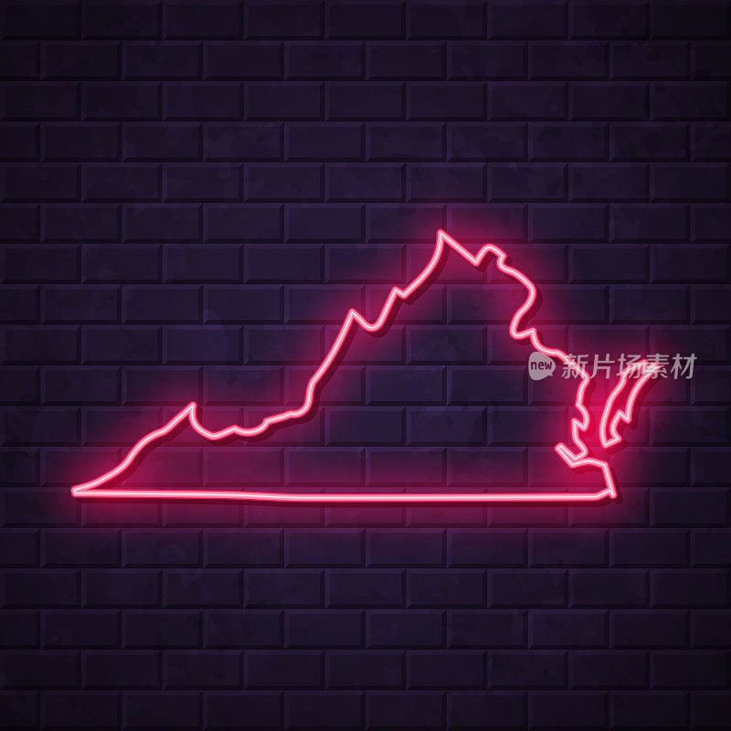 弗吉尼亚州地图-发光的霓虹灯在砖墙的背景