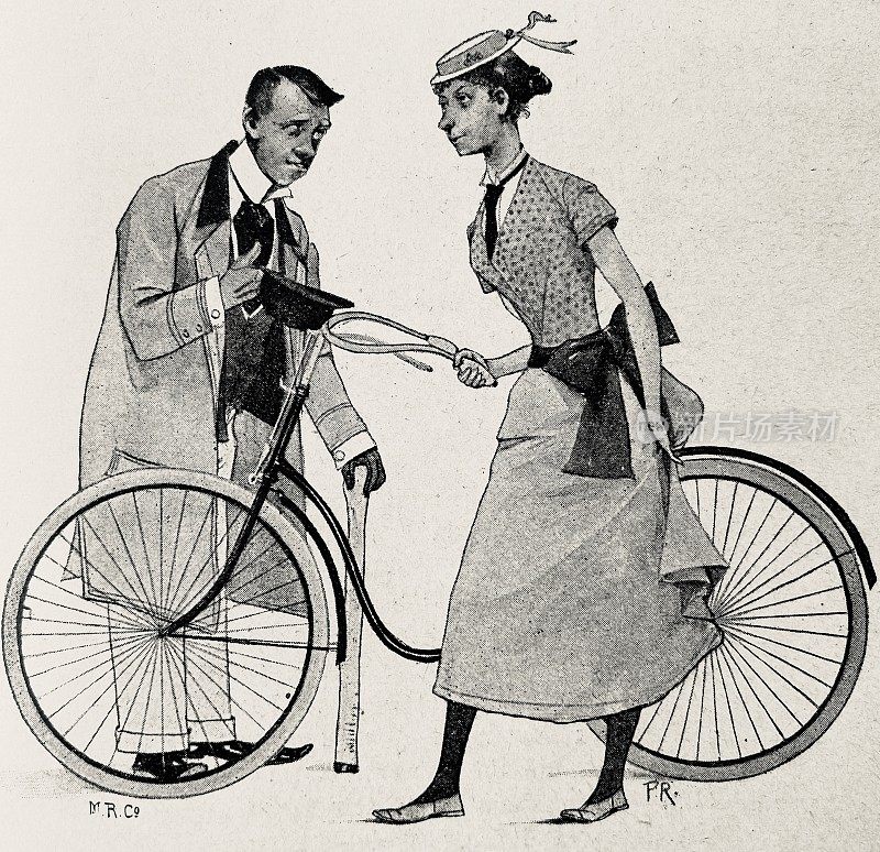一个优雅的女人骑着自行车和一个男人聊天