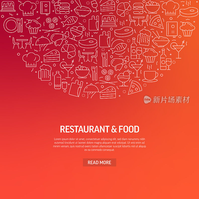带有图案的餐厅和食品相关横幅设计。现代线条风格图标矢量插图