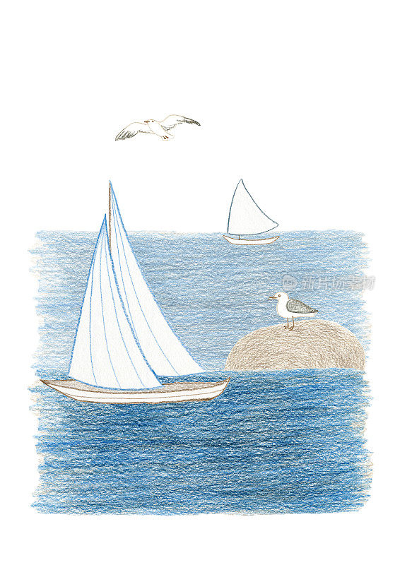 这是一幅混合的画面，大海中央有一艘可爱的小帆船，沙岩上有一只黑头鸥，天空中有一只海鸥。蓝色和沙色图片，纵向。彩色铅笔拼贴。