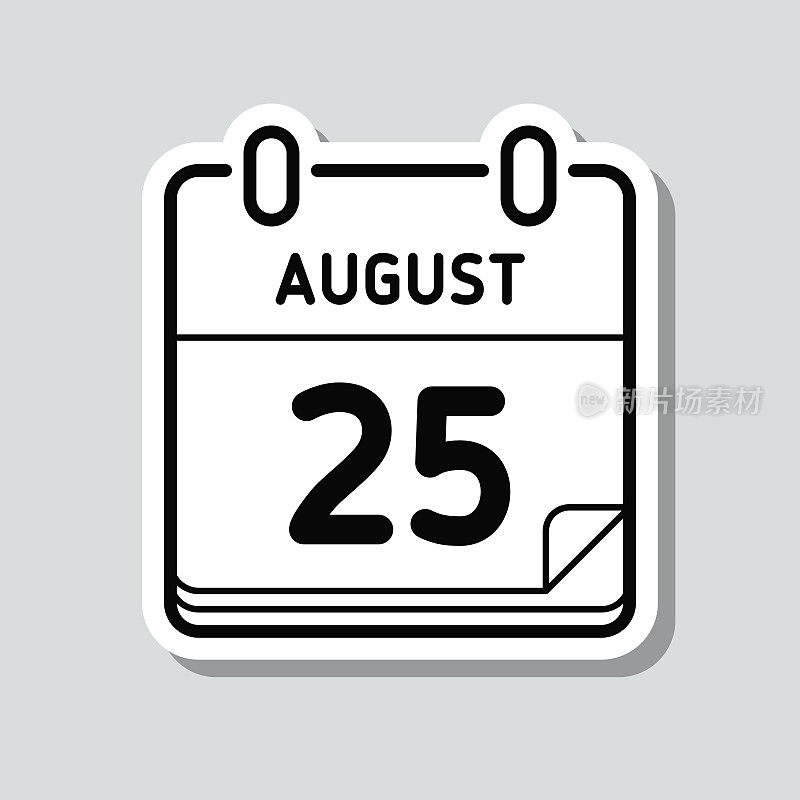 8月25日。灰色背景上的图标贴纸