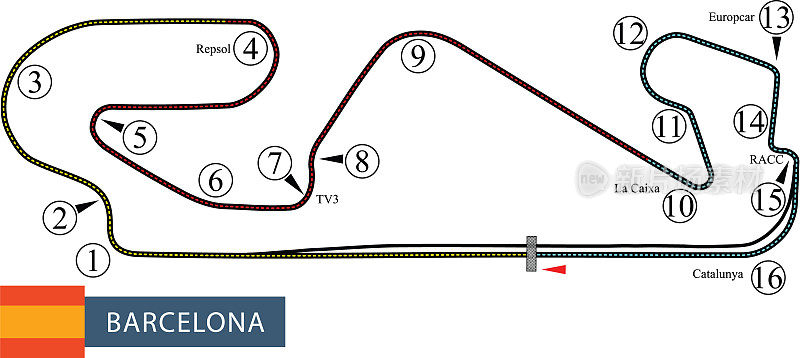 赛道地图布局与标签的赛道de巴塞罗那-加泰罗尼亚