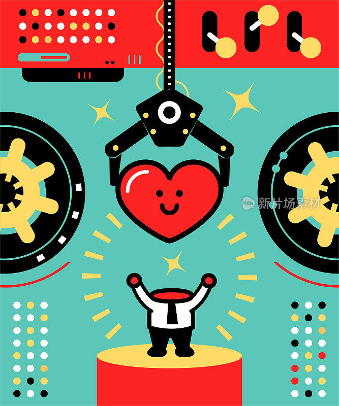 机器人手臂使用爱心作为商人的头部;心理健康和积极情绪概念