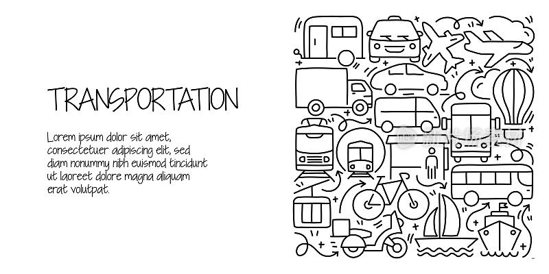 交通相关的涂鸦插图。现代设计矢量插图的网页横幅，网站标题等。