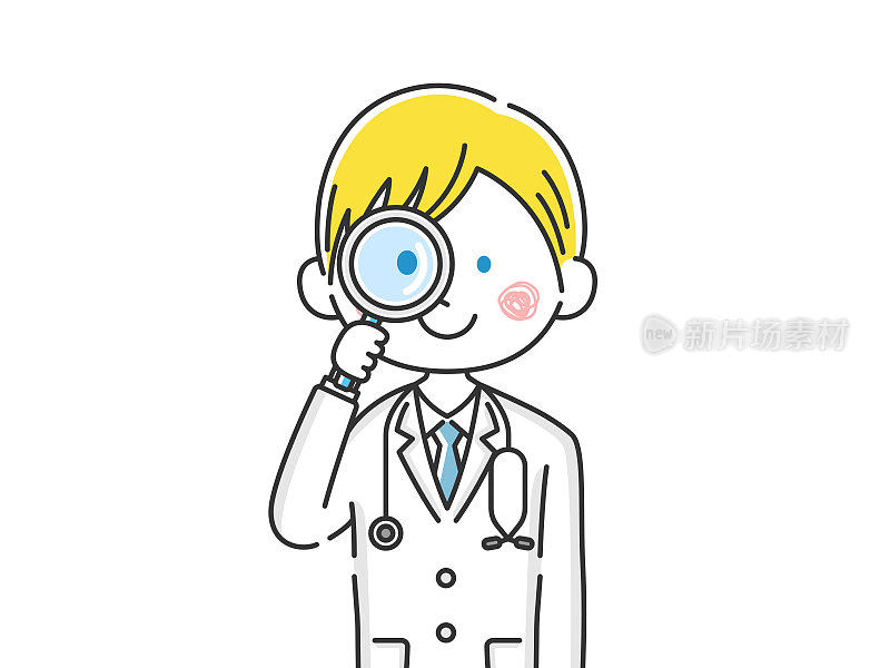 一个白人医生使用放大镜的插图。