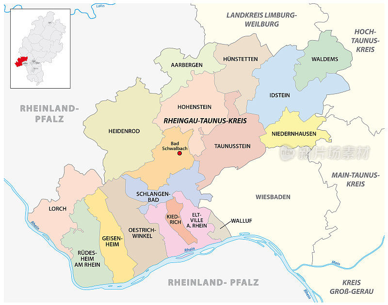 莱茵高-陶努斯-克瑞斯，德国黑塞，矢量行政区域地图